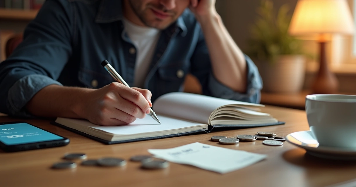 Pessoa refletindo sobre escolhas financeiras com caderno de anotações e pequenas pilhas de moedas sobre a mesa 