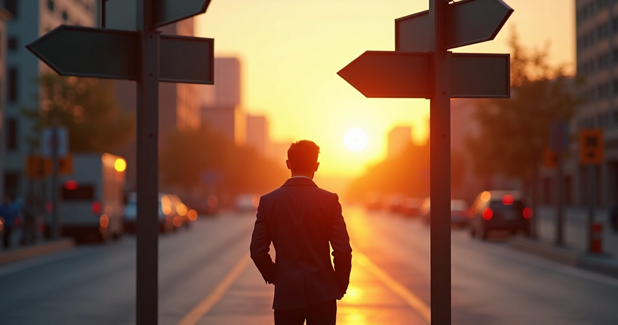 Pessoa parada em encruzilhada com placas de direção, ambiente urbano ao entardecer 