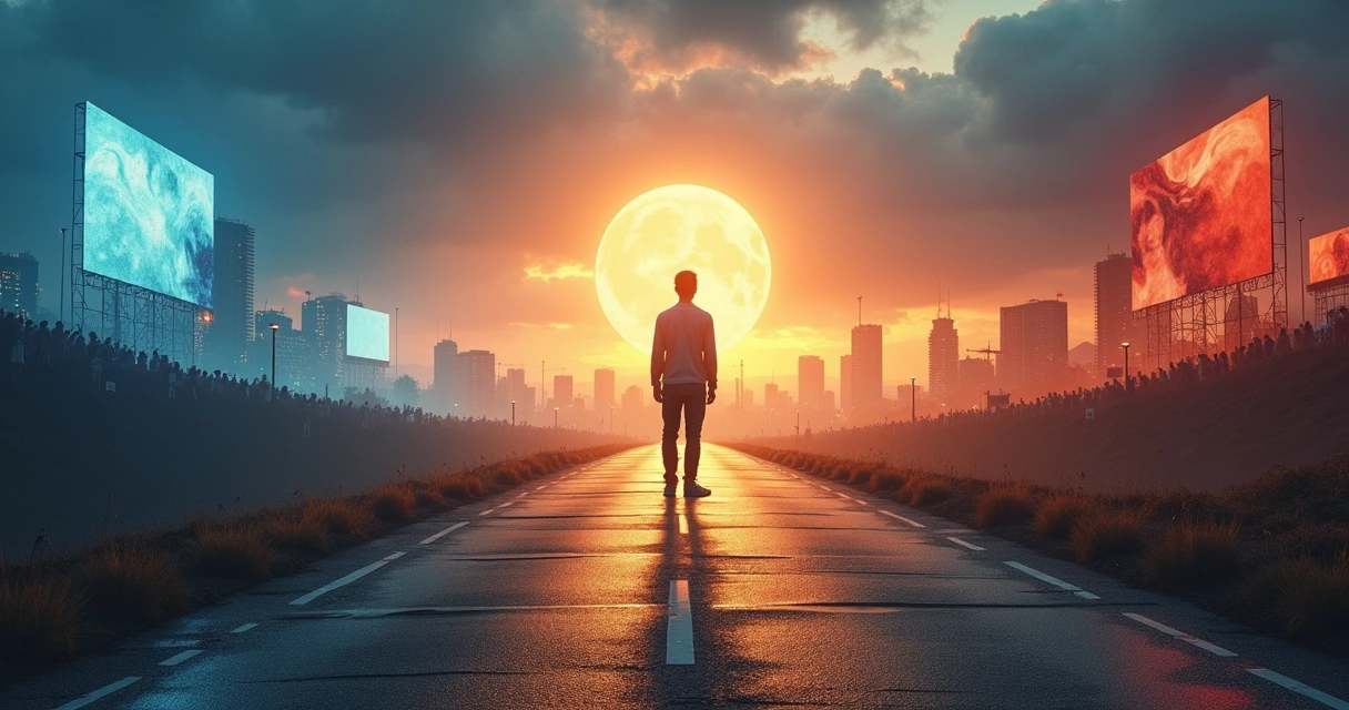 Pessoa em encruzilhada entre dois lados opostos fazendo escolha consciente 