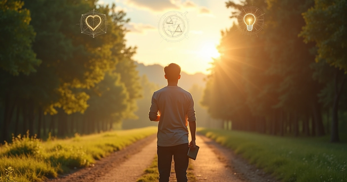 Pessoa escolhendo caminho em encruzilhada iluminada 