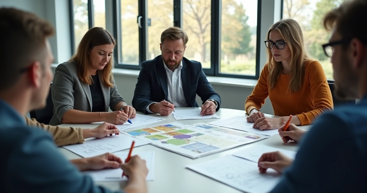 Equipe de escritório em reunião analisando diferentes opções de projetos em uma mesa redonda