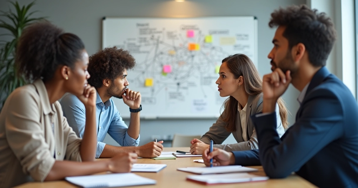 Equipe de trabalho refletindo antes de tomar decisão conjunta 