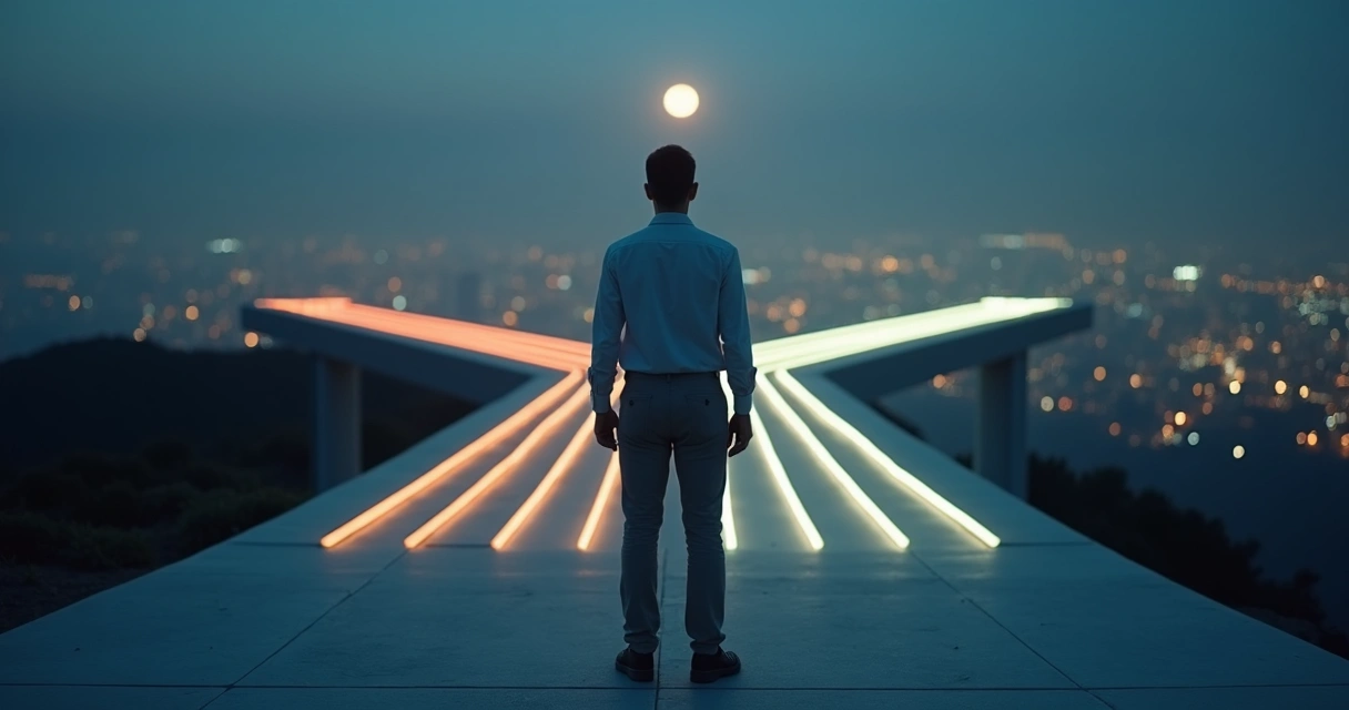 Pessoa em encruzilhada analisando caminhos com foco e calma 