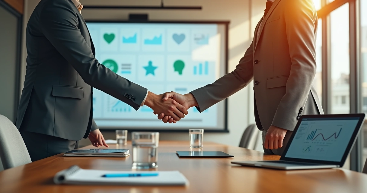 Líder apertando a mão de cliente em ambiente corporativo iluminado com gráficos sutis ao fundo 
