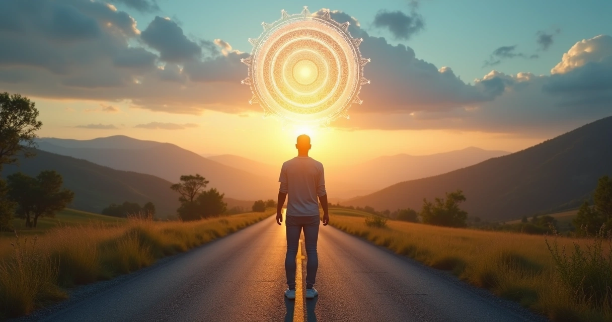 Pessoa em frente a duas estradas iluminadas tomando decisão consciente 