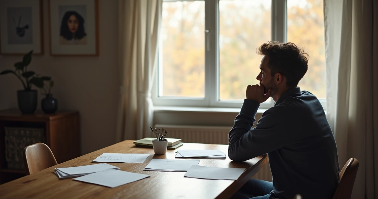 Pessoa sentada à mesa, refletindo diante de papéis, luz suave ao redor, ambiente de foco e reflexão 