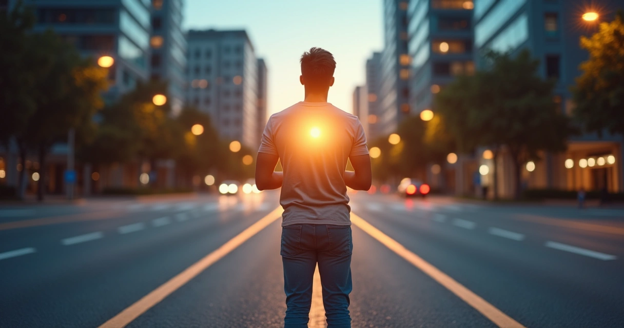 Pessoa em pé em encruzilhada urbana com luz interior iluminando o caminho escolhido 