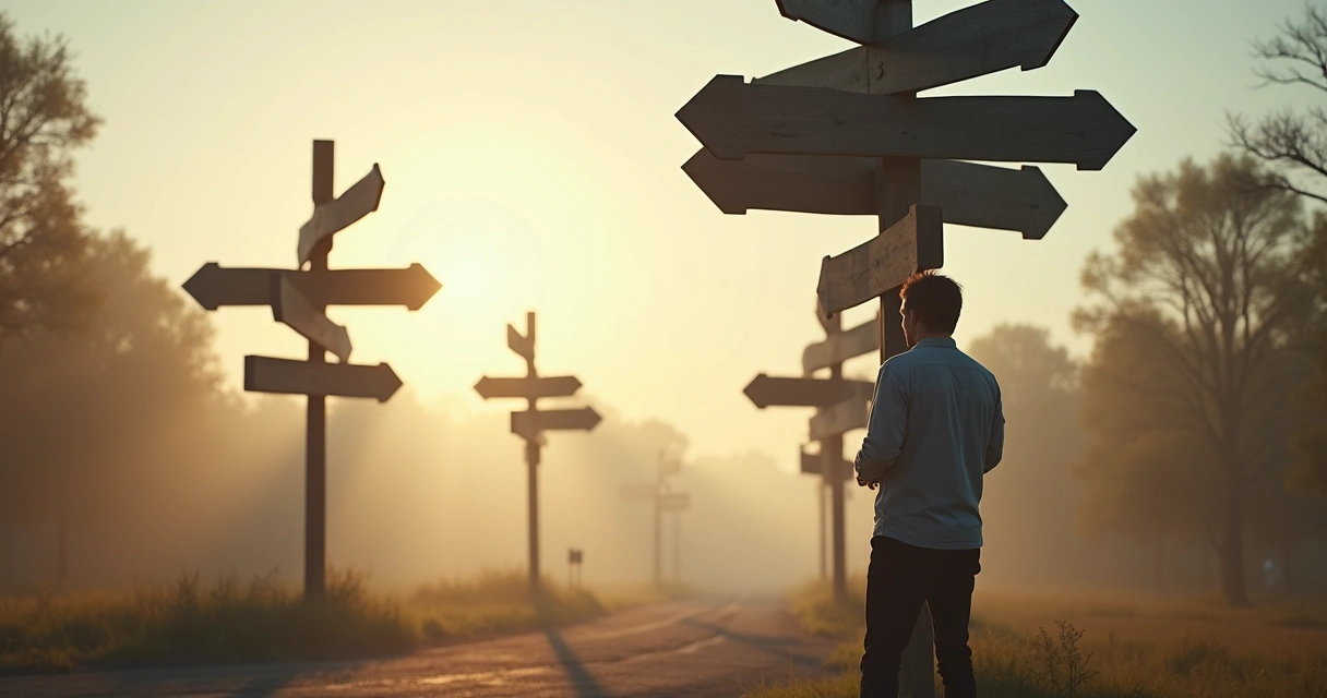 Pessoa em momento de reflexão diante de várias opções exibidas em placas 