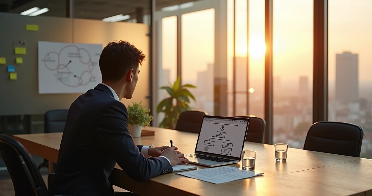 Profissional em escritório refletindo antes de tomar decisão importante no trabalho 
