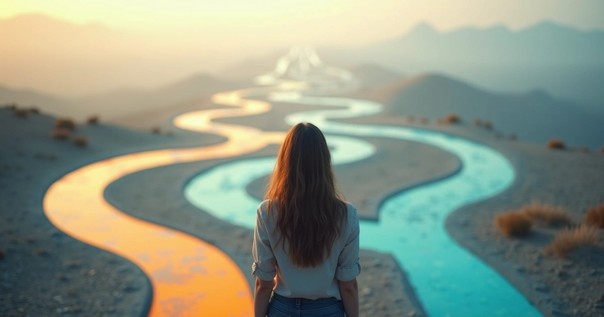 Pessoa parada em uma encruzilhada com vários caminhos à frente, olhando para diferentes setas no chão 