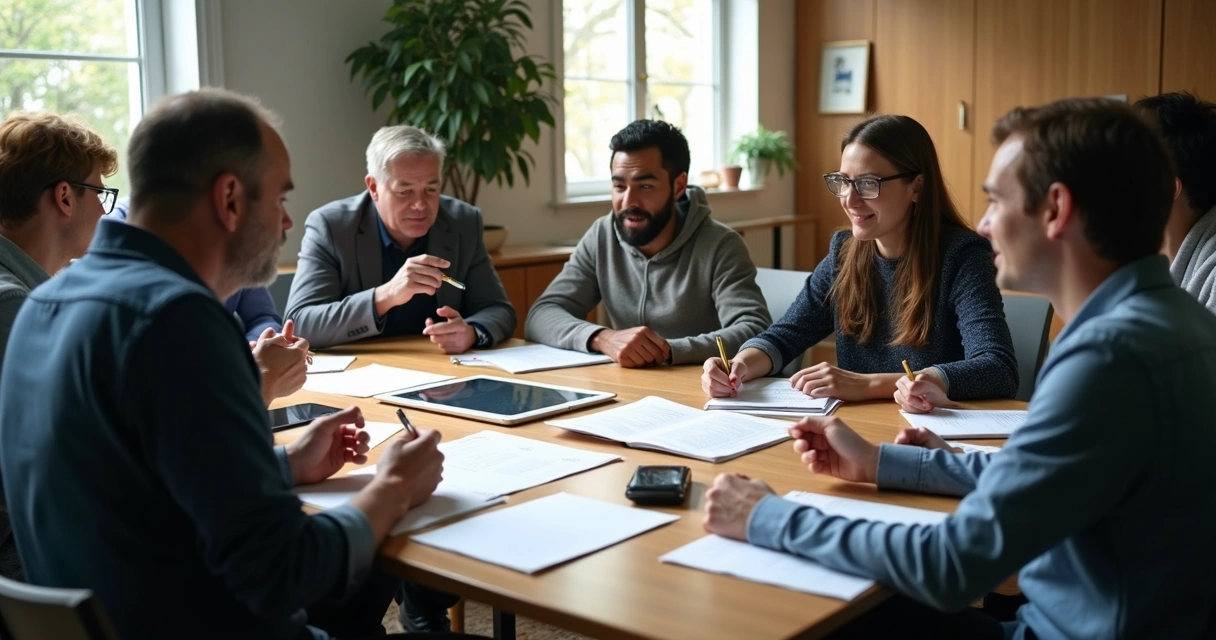 Grupo de pessoas discutindo escolhas em uma reunião, mesa de madeira, ambiente iluminado. 