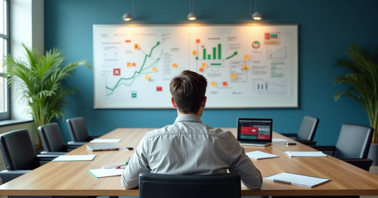 Gestor analisando projeto com metade da sala organizada e metade caótica 