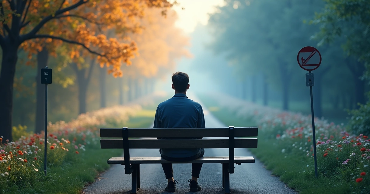 Pessoa sentada diante de duas estradas que se dividem, refletindo entre escolhas racionais e emocionais 