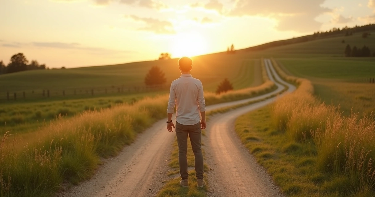 Pessoa pensando com calma em frente a dois caminhos que se unem em um só 