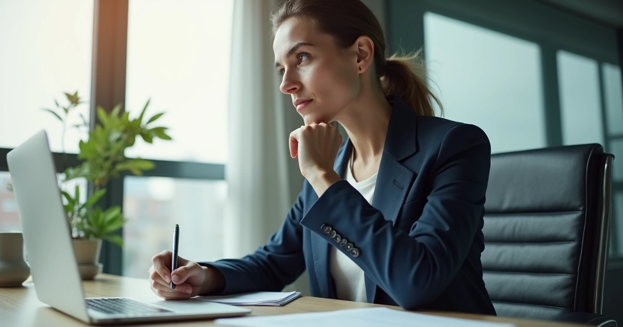 Pessoa refletindo antes de tomar decisão no escritório moderno, mão no queixo e rosto pensativo 