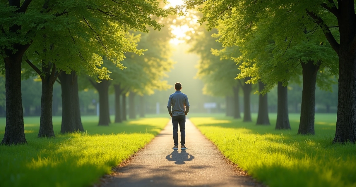 Pessoa olhando para bifurcação de caminhos em parque arborizado. 