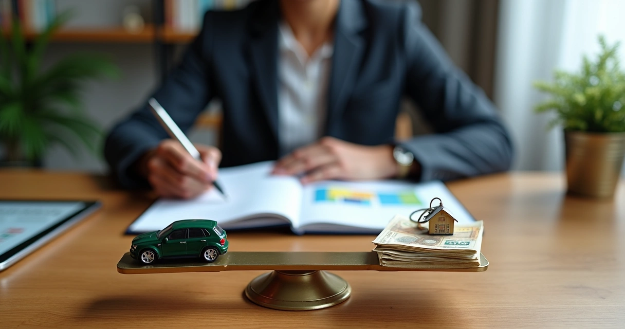 Pessoa avaliando contrato de consórcio em balança em formato de casa 