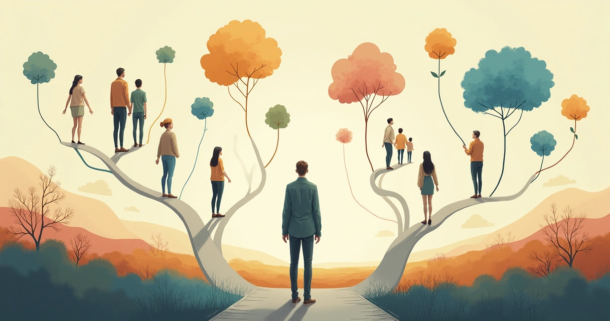 Pessoa em pé diante de várias trilhas que se conectam, representando o contexto sistêmico de uma decisão 