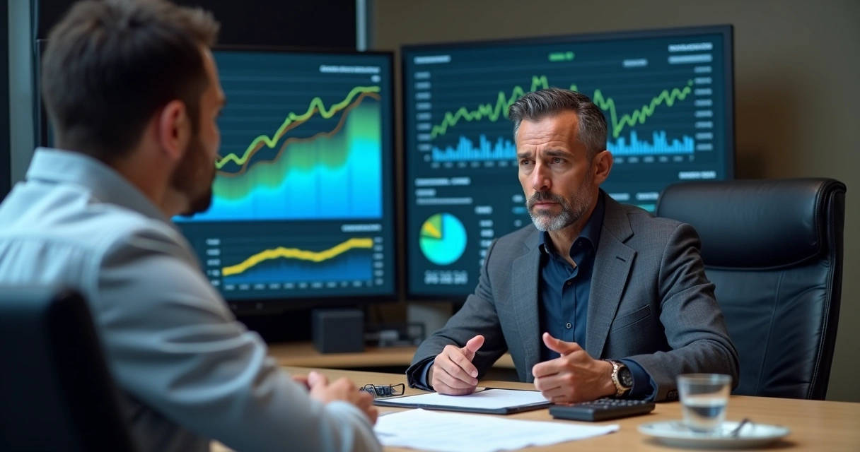 Empresário avaliando contratações com painel financeiro e ponto de equilíbrio 