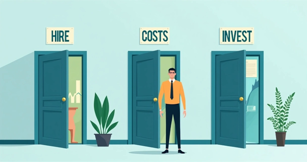Ilustração de empresário olhando três portas: contratar, cortar custos, investir. Cada porta com detalhes numéricos ao fundo. 