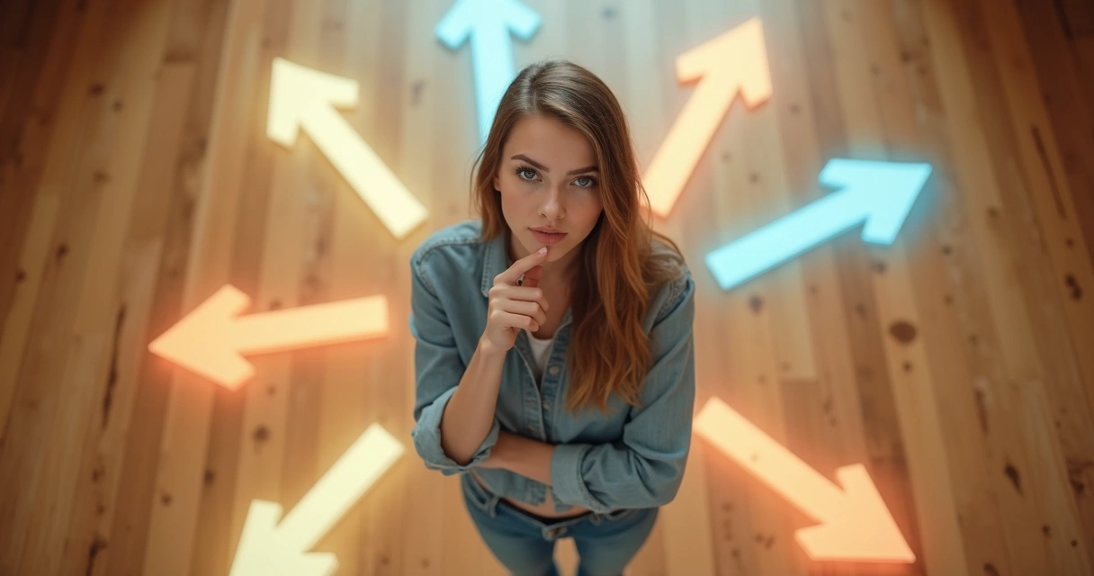 Pessoa parada diante de diversas setas indicando diferentes caminhos em chão de piso de madeira claro 
