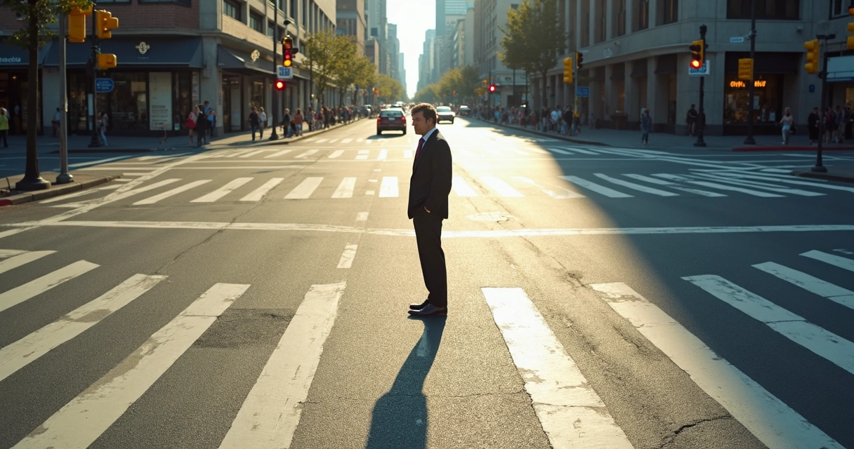 Pessoa diante de vários caminhos em ambiente urbano moderno