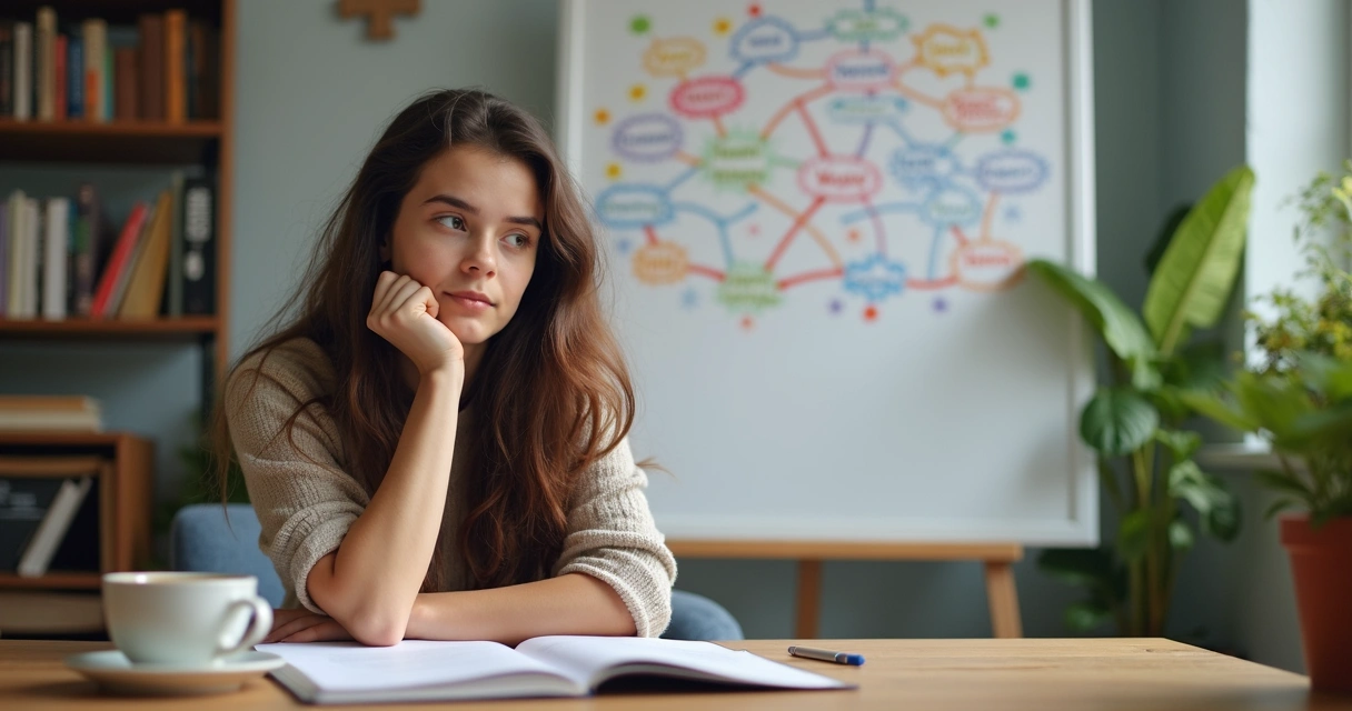 Jovem sentado à mesa olhando alternadamente para um bloco de notas e uma xícara de café, pensativo, com quadro branco ao fundo com diagramas coloridos