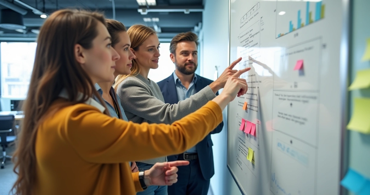 Equipe de trabalho discutindo juntos diante de quadro branco