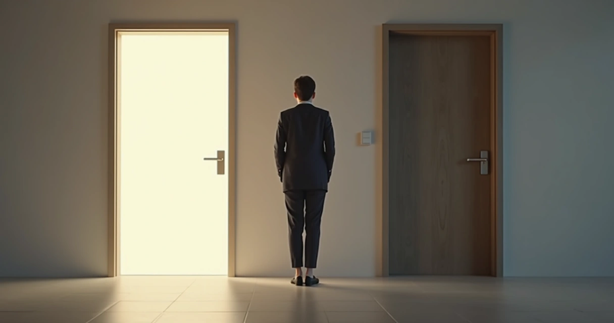 Pessoa em pé diante de duas portas, simbolizando escolha ética 