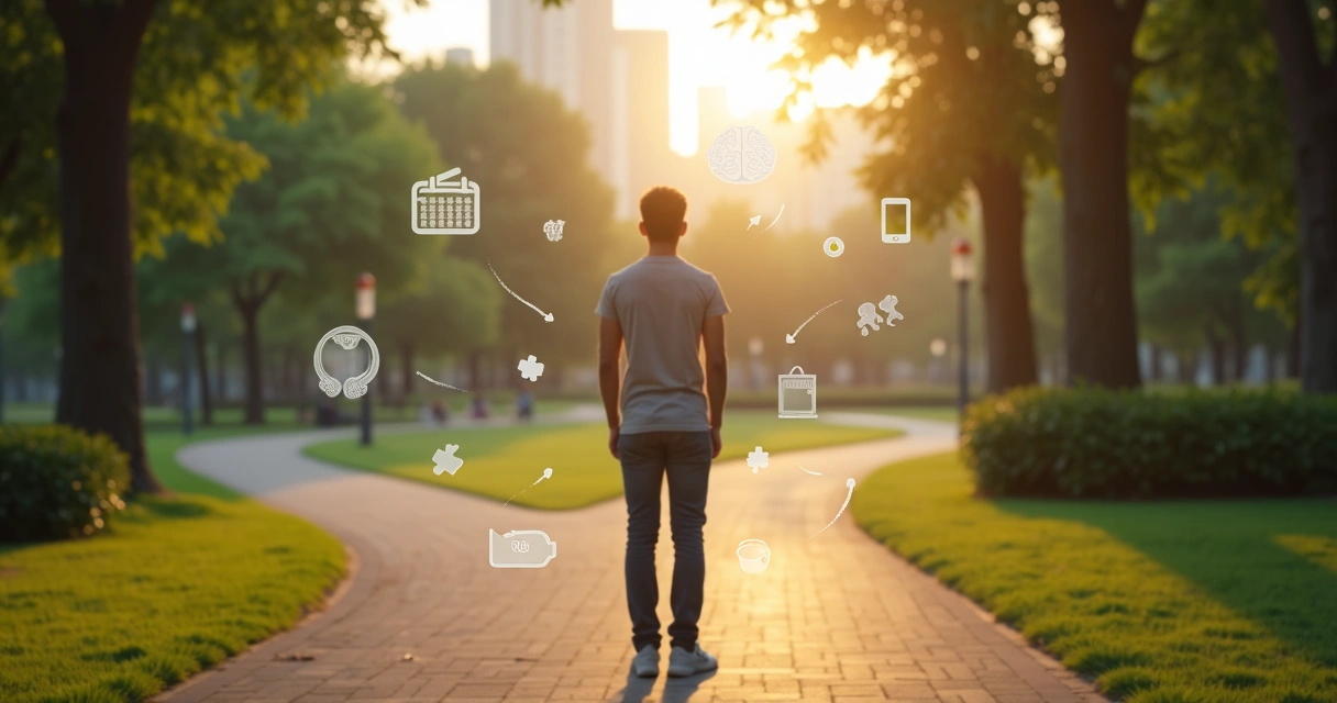 Pessoa diante de encruzilhada com elementos do cotidiano organizados de forma equilibrada 