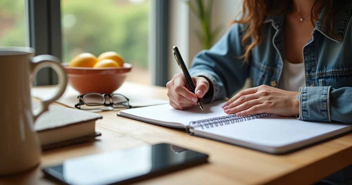 Pessoa anotando hábitos em bloco sobre mesa com objetos cotidianos 