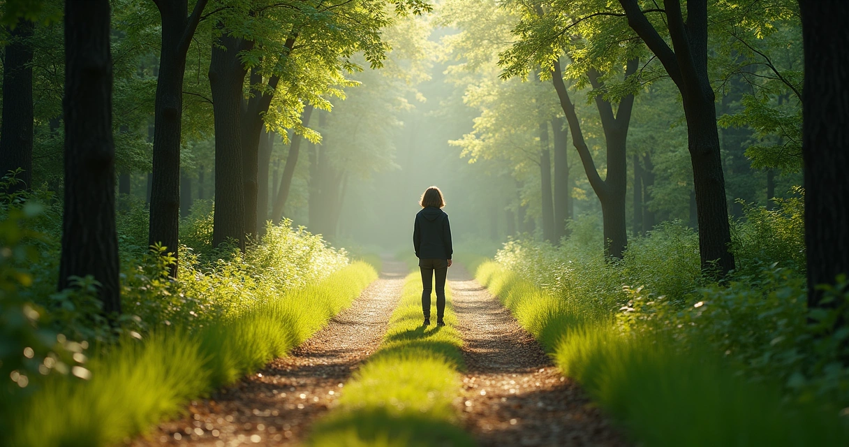 Pessoa decidindo entre dois caminhos em ambiente natural 