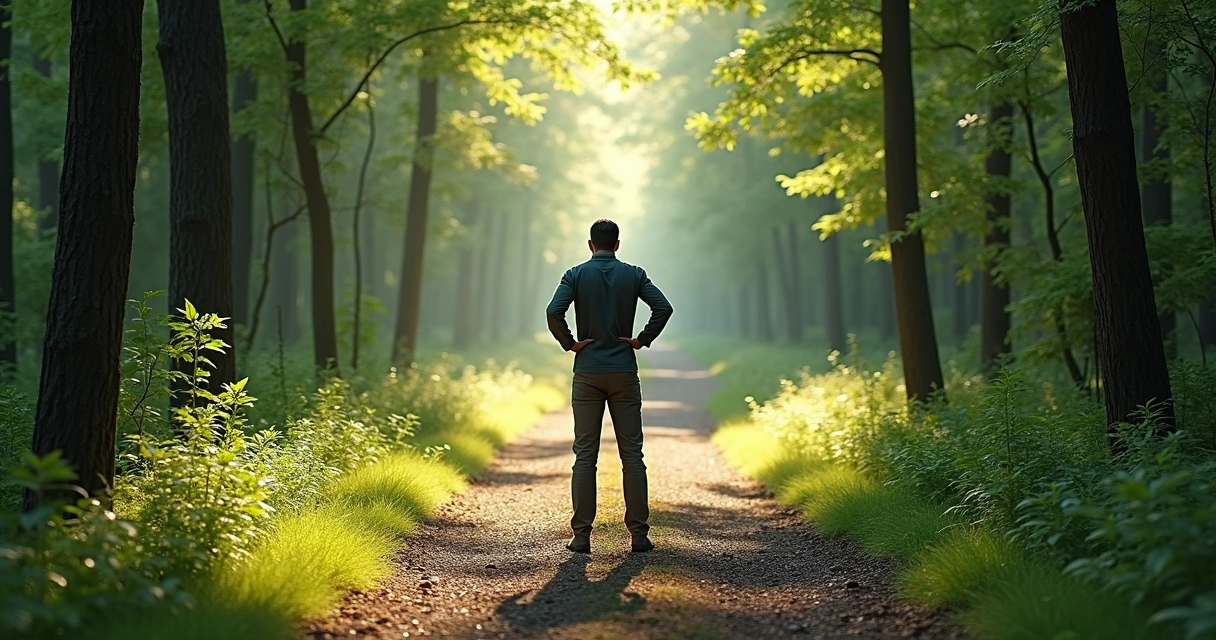 Pessoa em dúvida entre dois caminhos em ambiente natural 