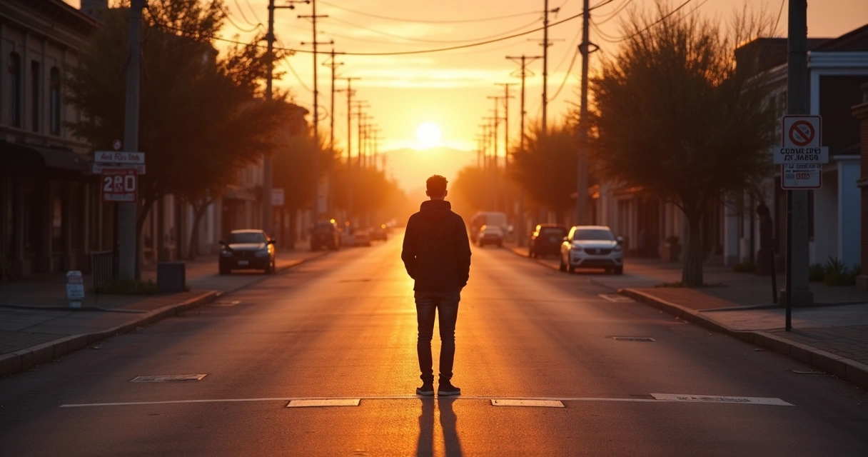 Homem parado em cruzamento refletindo escolha, luz do pôr-do-sol ao fundo
