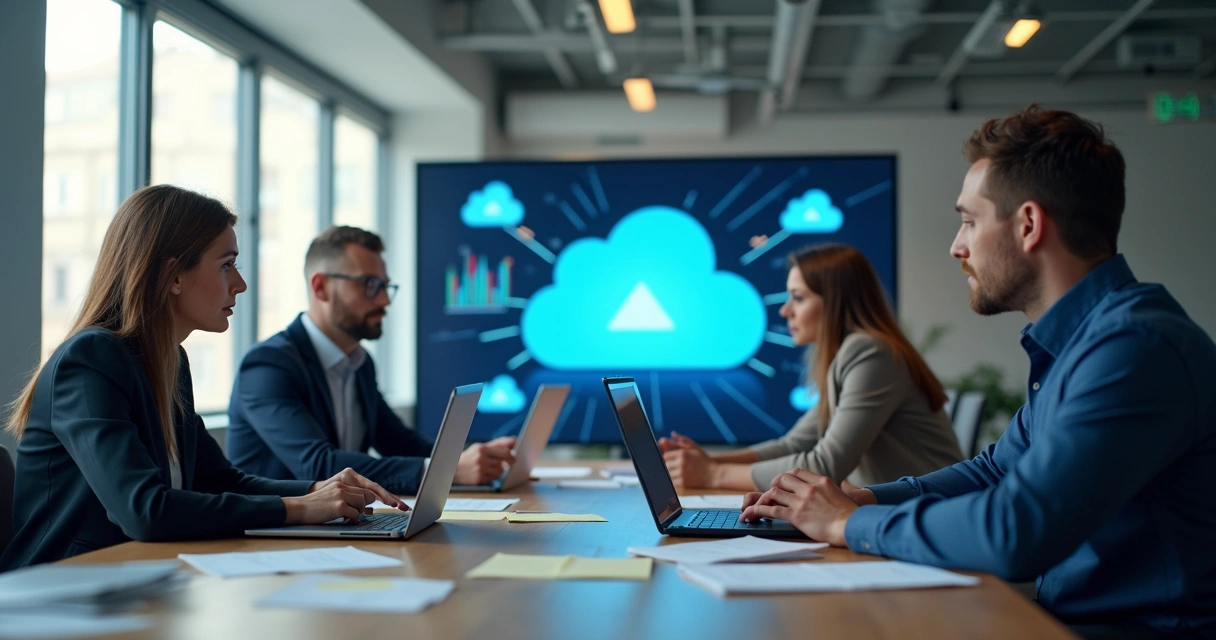 Equipe de TI analisando opções de fornecedores de nuvem em uma reunião