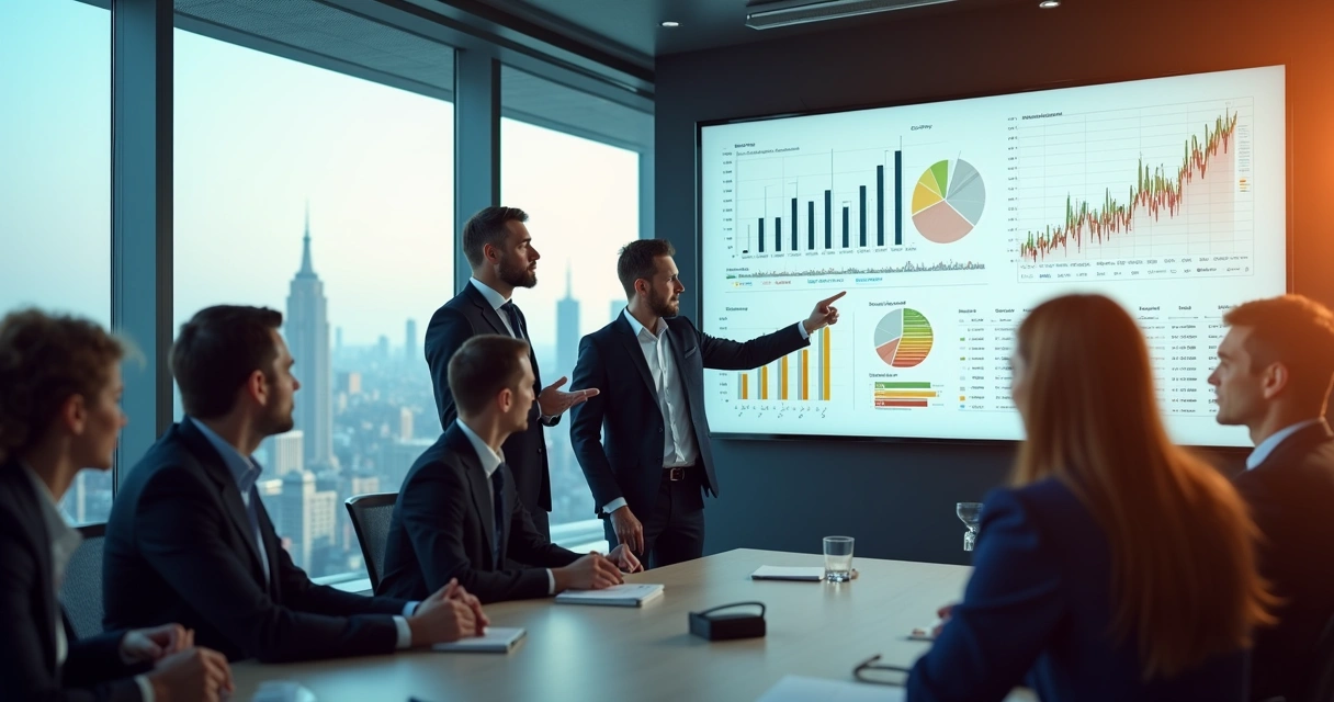 Gestor apontando gráficos financeiros para tomada de decisão 