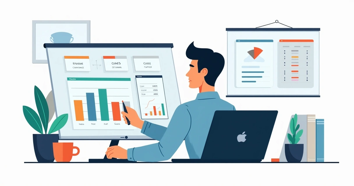 Empresário de PME analisando planilha com gráficos e indicadores de negócio 