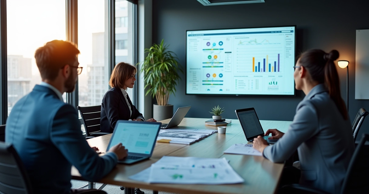 Reunião de fundadores de startup analisando gráficos digitais em sala de vidro 