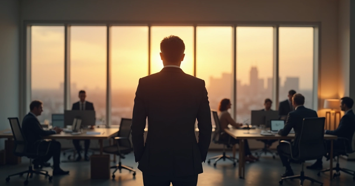 Gestor olhando para a equipe, pensativo sobre decisão