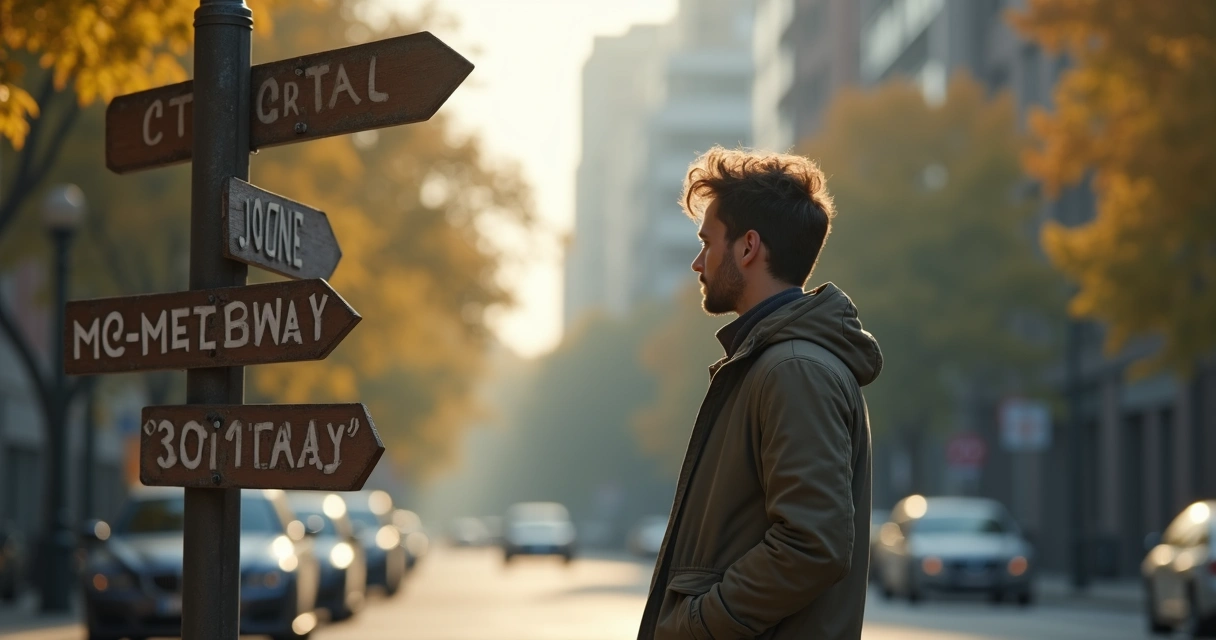 Pessoa parada em uma calçada olhando placas de direção diferentes 