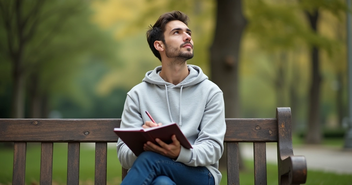 Pessoa sentada ao ar livre pensando e anotando em caderno 