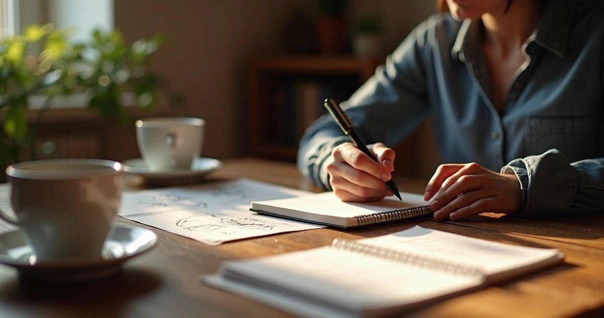 Pessoa sentada segurando um bloco de anotações, aparentando tomar notas de seus pensamentos. 