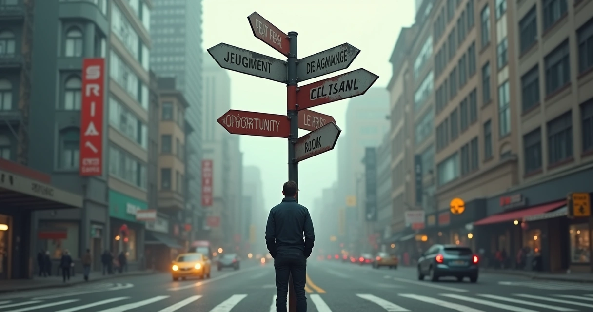 Uma pessoa parada em um cruzamento lotada de placas indicando escolhas diferentes, mostrando indecisão. 