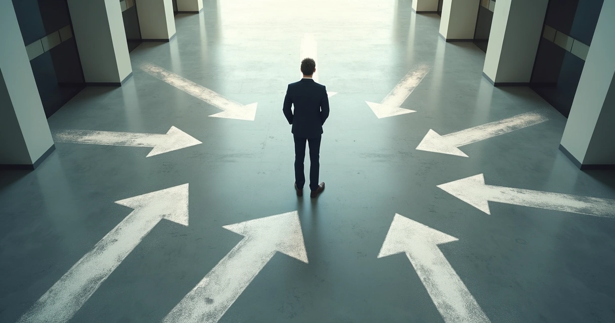 Pessoa refletindo diante de várias escolhas representadas por setas desenhadas no chão 