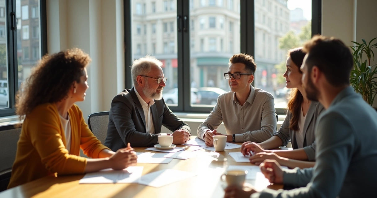 Grupo de pessoas sentadas à mesa discutindo decisões do cotidiano 