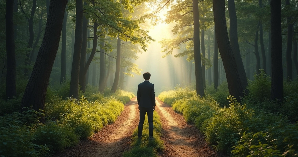 Pessoa parada diante de dois caminhos em uma floresta 