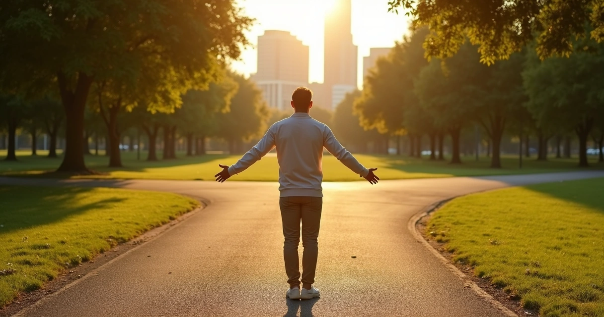 Pessoa em encruzilhada tomando decisão difícil com leveza e calma 