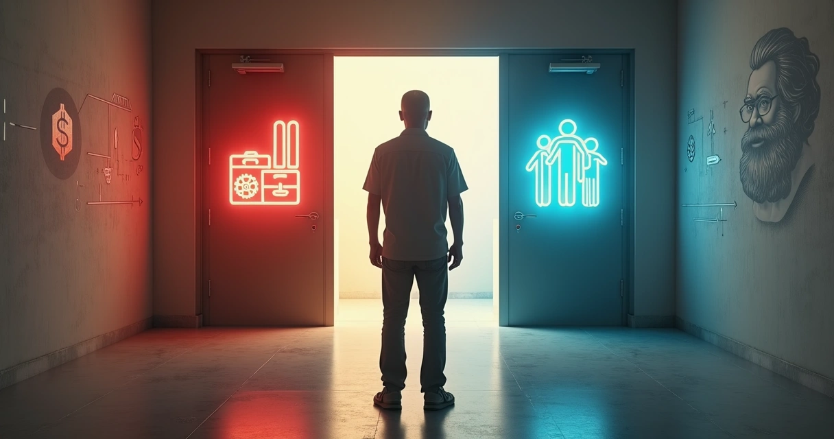 Pessoa refletindo diante de duas portas com símbolo de engrenagens e pessoas 