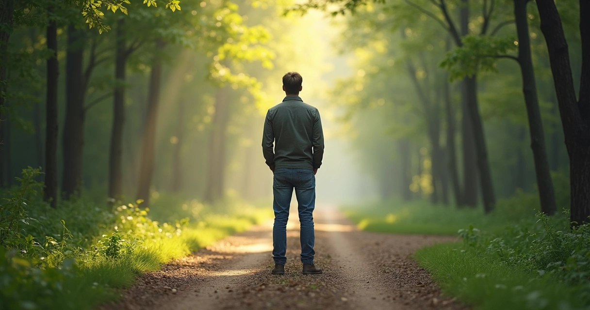 Pessoa em frente a duas estradas divergentes olhando pensativa 