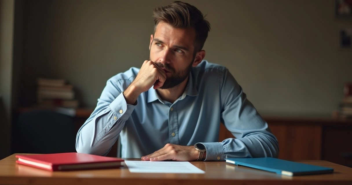 Pessoa pensativa sentada diante de duas opções 